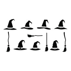 Vector art of witch hats and brooms isolated on white background