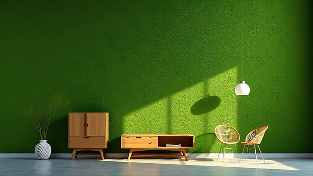 A green textured wall with stylish furniture, creating a calm and modern living space.