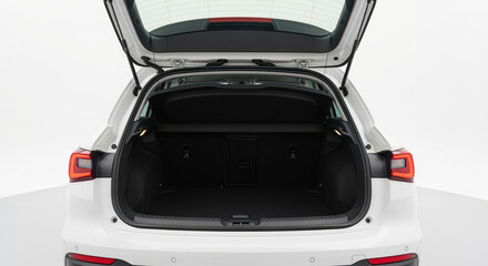 White car trunk space open hatchback vehicle storage capacity luggage area transportation automotive design © DesignsBurner