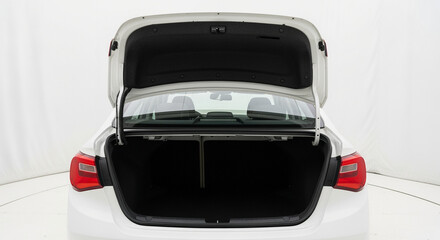 Open trunk of white sedan car for storage and transport of luggage and cargo space for vehicle use