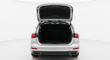 White car open trunk hatchback vehicle auto automobile automotive transport luggage space rear view
