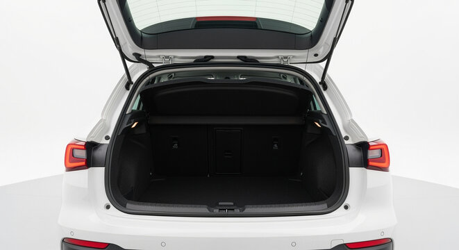 White car trunk space open hatchback vehicle storage capacity luggage area transportation automotive design