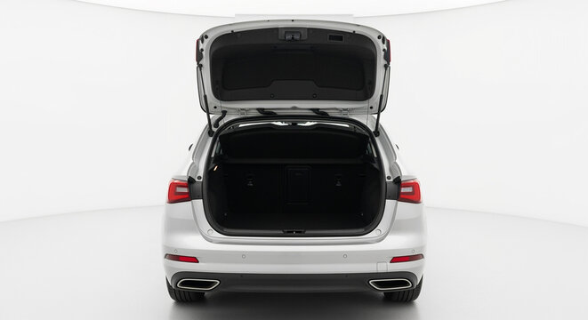 White car open trunk hatchback vehicle auto automobile automotive transport luggage space rear view