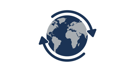 A stylized globe with two dark blue arrows circling it, symbolizing global connection and cycles.