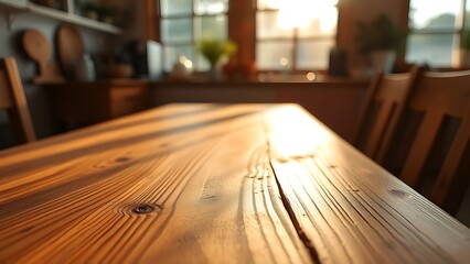 Wooden table with natural grain reflecting soft morning light through a window.