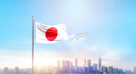 Japan national flag waving with skyline and buildings. Japan national flag for independence day.