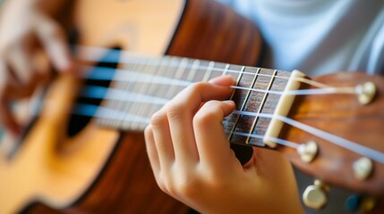 Obraz premium Close-up shot capturing a child's hands playing the ukulele strings delicately