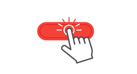 Obraz premium A hand cursor presses a red button with a glowing effect, indicating activation or selection on a white background.