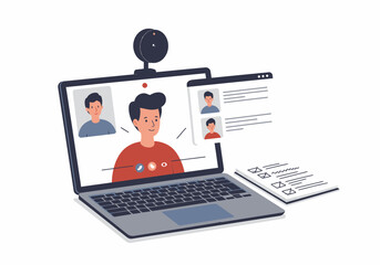 Illustration of a laptop displaying a video conference call with multiple participants and a checklist, representing remote work or online communication.