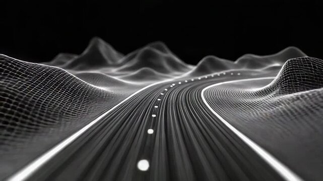 Digital highway crossing wireframe mountains on black background