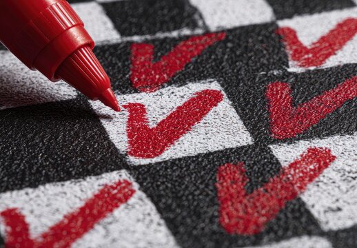 Red check marks on a black and white checkered surface.  A red marker is positioned over a check mark - Powered by Adobe