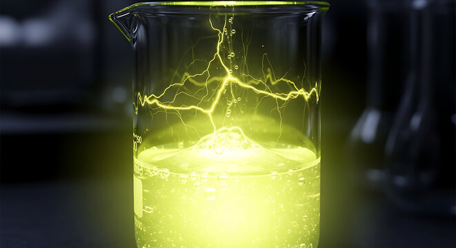 Electrically Charged Yellow Liquid in Beaker.