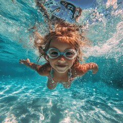 Fototapeta premium Smiling Little Girl with Goggles Swimming Underwater in Clear Blue Water