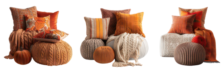 Warm and cozy autumn scene with pillows and poufs in a studio.