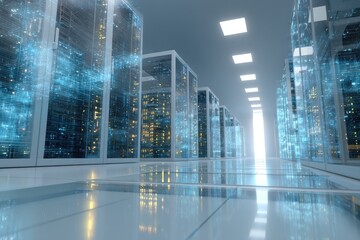 Modern server room interior with digital data overlay.