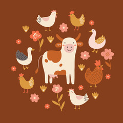 Animal greeting card with cow, hens, gooses, flowers on brown background. Circle ornament. Perfect for seasonal holidays, summer decorations. Vector child illustration