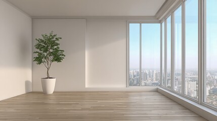 Modern Empty Room Interior with Large Windows and City View, Featuring Minimalist Design and Natural Light