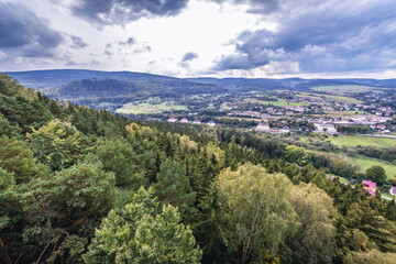 Aerial view of Szczytna town in Klodzko County, located in Central Sudetes Mountains, Poland