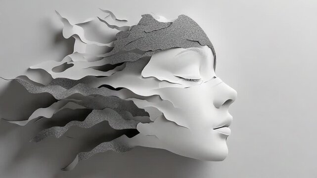 Woman face dissolving into flowing white paper stripes