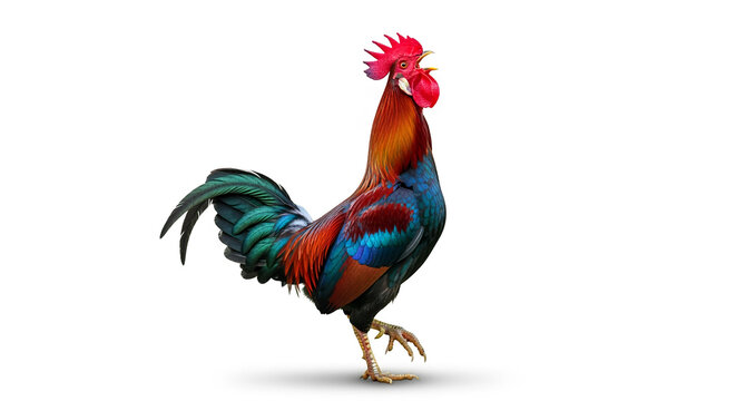 Isolated rooster crowing on white background vibrant colorful rooster farm animal poultry bird cock crowing sound