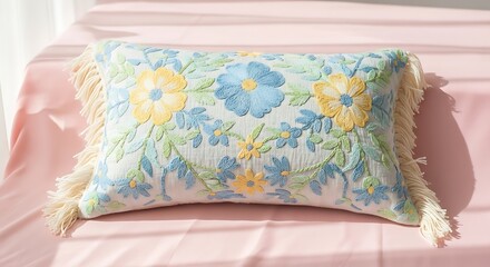 Decorative floral embroidered pillow resting on a soft pink textured surface design element