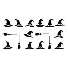 Vector art of witch hat and broom isolated on white background