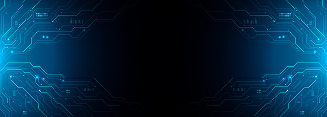 Circuit blue board texture on black technology web banner background. AI chip innovation concept. Tech pattern on a futuristic backdrop. Digital vector illustration