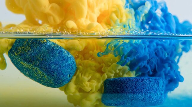 A creative shot of two different colored effervescent tablets dissolving side by side in water, releasing vibrant bubbles and creating a dynamic blend of fizzing textures and contrasting hues.
