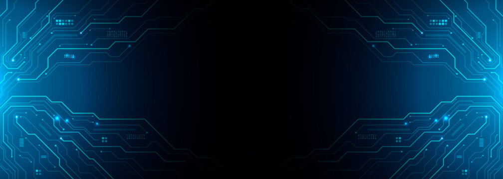 Circuit blue board texture on black technology web banner background. AI chip innovation concept. Tech pattern on a futuristic backdrop. Digital vector illustration