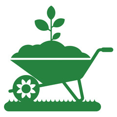 Green wheelbarrow with plant sprout and flower wheel