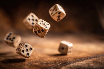 Floating dice capture excitement of games, embodying chance and