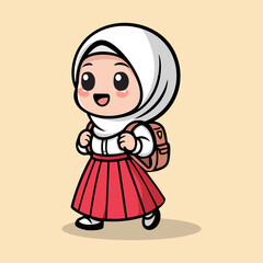 Cute Muslim Schoolgirl in Hijab Walking with Backpack – Chibi Cartoon Vector Illustration