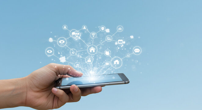 Hand holding a smartphone with glowing network icons emanating from the screen against a light blue background, representing connectivity and smart technology.