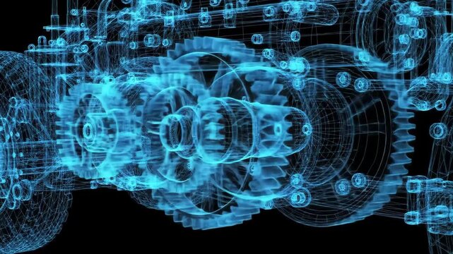 Exploring Engine Mechanics Wireframe Model Animation on Black Background