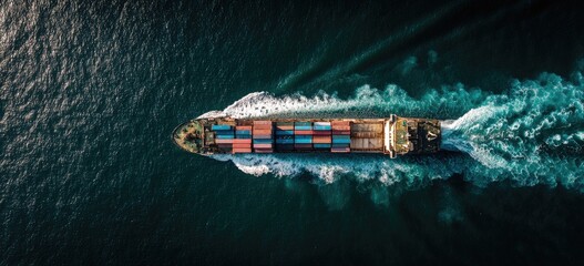 High-angle view of a cargo ship navigating the dark ocean