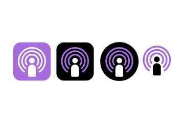 Four podcast icons in various shapes and color schemes displaying a radio wave symbol set