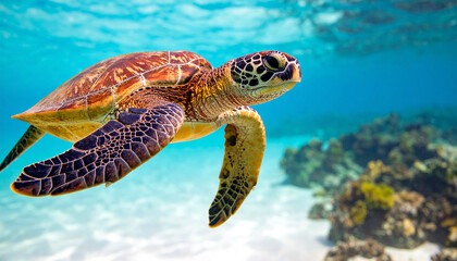 Fototapeta premium Sea Turtle's Serene Glide: Witness a captivating sea turtle as it gracefully navigates the clear, azure waters, embodying the tranquil beauty of the marine world.