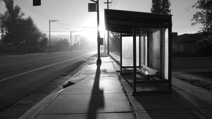 A roadside bus shelter bathed in morning light, stretching towards the horizon in black and white