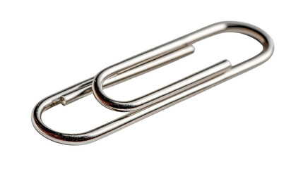 A metallic paperclip positioned on a white isolated background, perfect for office and organizational use.