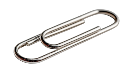 A metallic paperclip positioned on a white isolated background, perfect for office and organizational use.