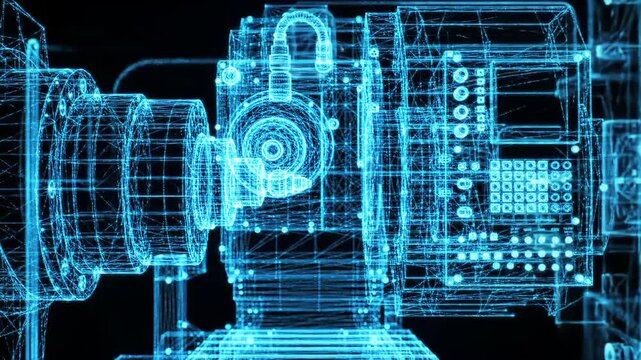 Simulating Complex Machinery Blueprint with Wireframe Model Visualizing Engineering Tech