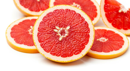 Fresh grapefruit slices on white background for healthy eating and citrus fruit concepts ideas, vitamins and nutrition