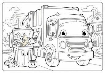 Whimsical outline of a garbage truck scene with happy anthropomorphic objects