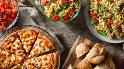 A delicious pizza with several slices is displayed alongside pasta salad, a fresh green salad, and crusty bread rolls, perfect for a family gathering or potluck.