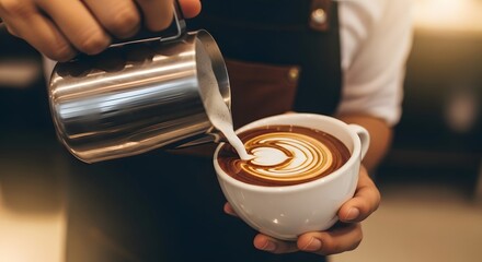 Skilled barista artfully pours steamed milk creating beautiful latte art in a cozy cafe