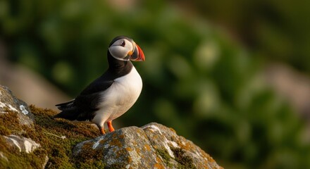 Obraz premium Puffin perched on a mossy rock, sunlit