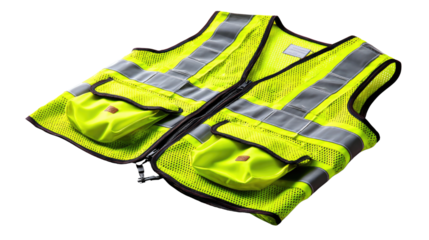 Safety Vest with Reflective Stripes: A high-visibility safety vest, essential for workplace safety, featuring bright fluorescent yellow fabric, reflective stripes, and functional pockets.