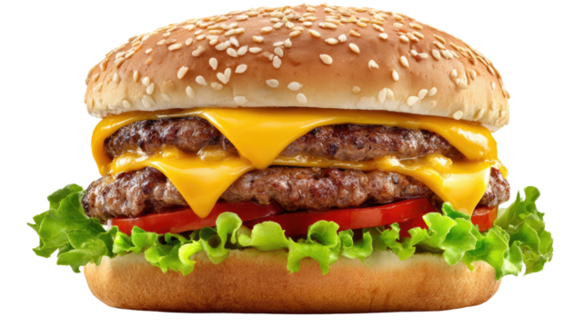 Sumptuous Double Cheeseburger: A mouthwatering double cheeseburger, layers of succulent beef patties, melted cheese, crisp lettuce, and juicy tomato, all nestled between a sesame seed bun.