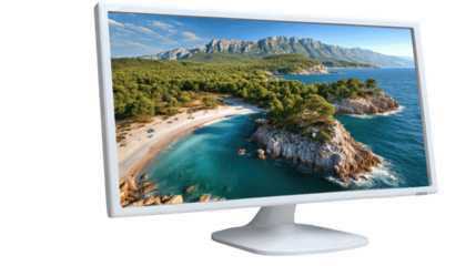 Scenic Display: A modern computer monitor showcases a breathtaking landscape view, presenting nature's beauty in sharp, vibrant detail. 
