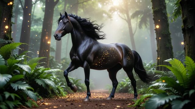 black mythical horse in the woods